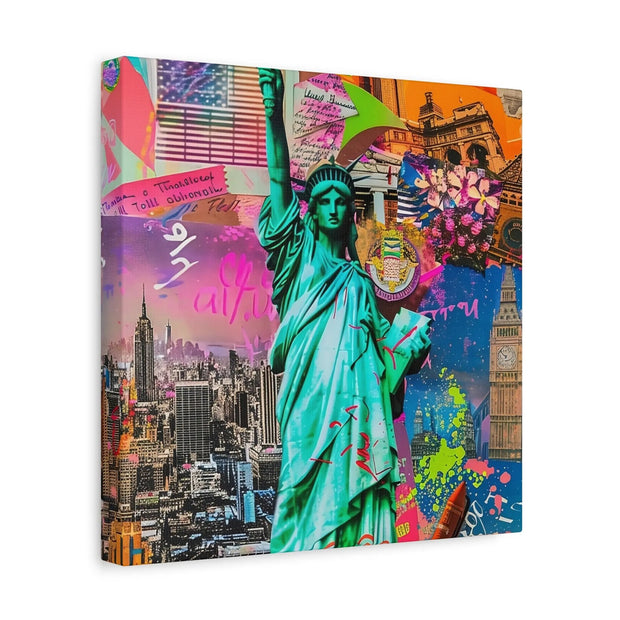 Vibrant New York Collage Matte Canvas – Statue of Liberty Pop Art LavenderCeleste