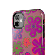 Retro Neon Groovy Flowers Tough Phone Case – 70s Psychedelic Floral Pattern LavenderCeleste