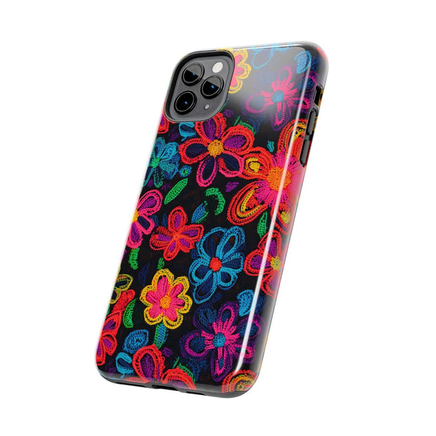 Neon Crochet Floral Tough Phone Case – Vibrant Retro Handmade Pattern Printify