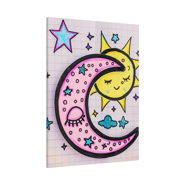 Kawaii Sun and Moon Doodle Matte Canvas Art Print LavenderCeleste