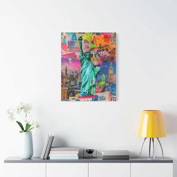 Vibrant New York Collage Matte Canvas – Statue of Liberty Pop Art Printify