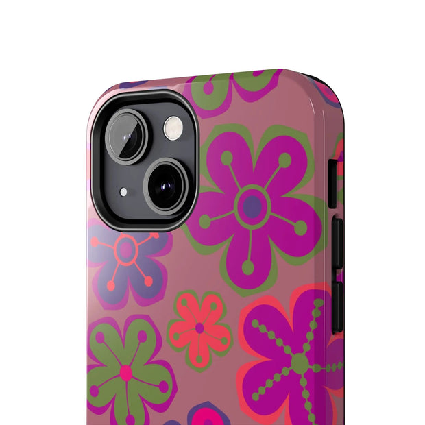 Retro Neon Groovy Flowers Tough Phone Case – 70s Psychedelic Floral Pattern LavenderCeleste