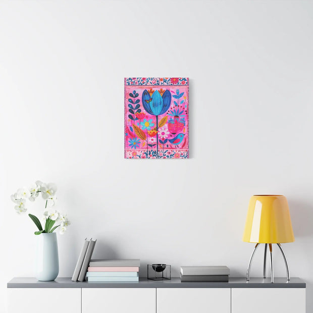 Whimsical Pink Blue Floral Matte Canvas Art - LavenderCeleste