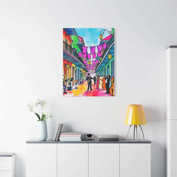 Vibrant New Orleans Jazz Street Matte Canvas – French Quarter Music Scene LavenderCeleste