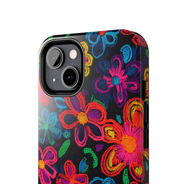 Neon Crochet Floral Tough Phone Case – Vibrant Retro Handmade Pattern Printify