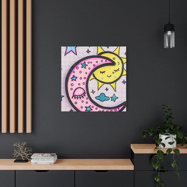 Kawaii Sun and Moon Doodle Matte Canvas Art Print LavenderCeleste