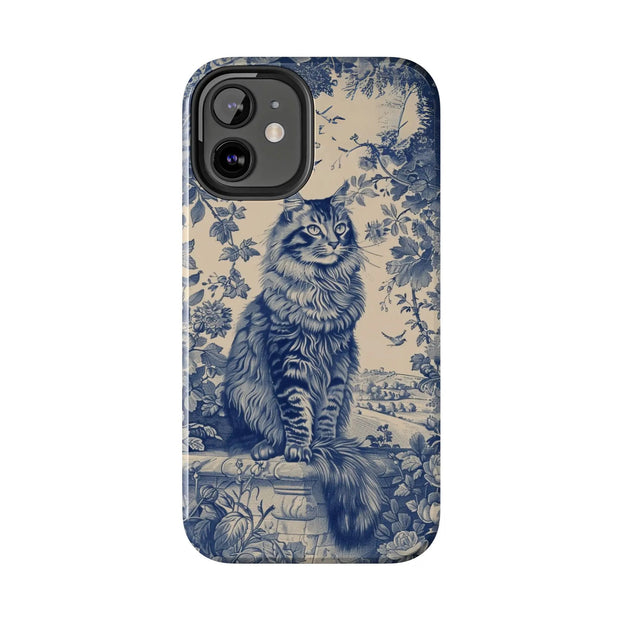 Maine Coon Toile Tough Phone Case – Vintage Blue Floral Cat Pattern - LavenderCeleste