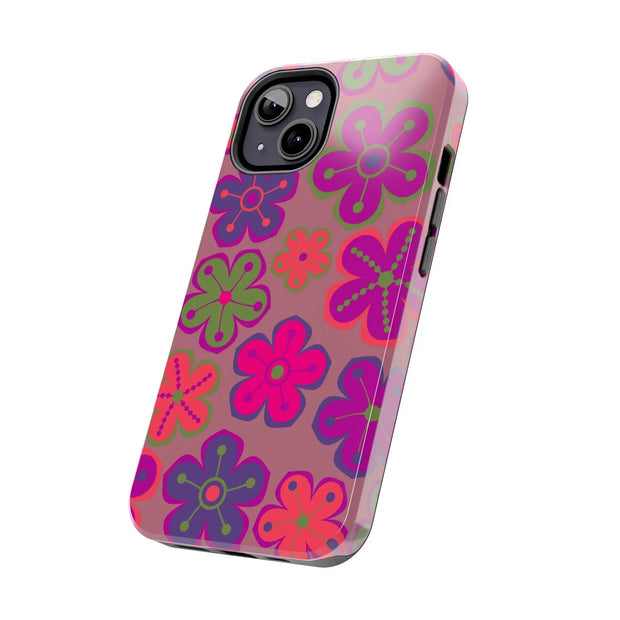 Retro Neon Groovy Flowers Tough Phone Case – 70s Psychedelic Floral Pattern LavenderCeleste