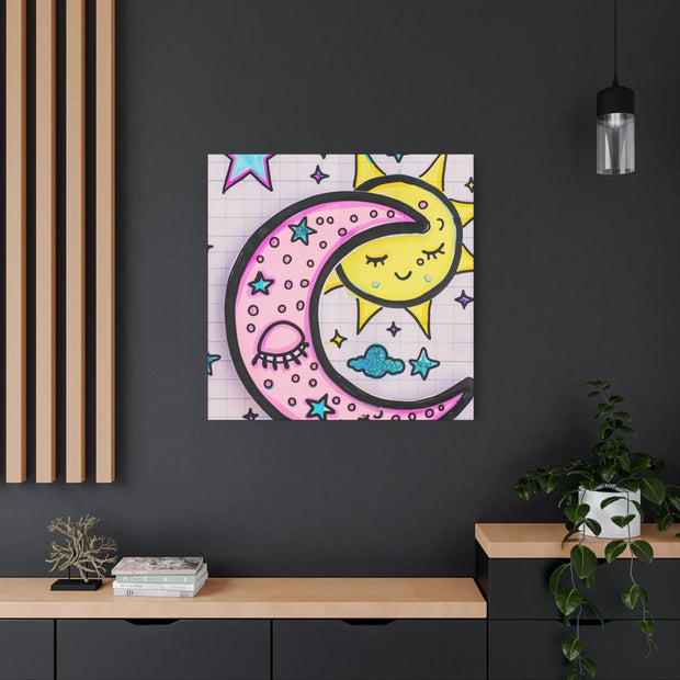 Kawaii Sun and Moon Doodle Matte Canvas Art Print LavenderCeleste