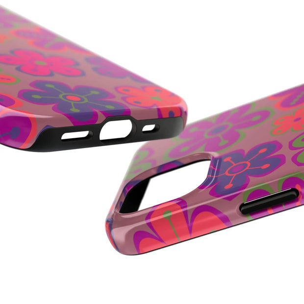 Retro Neon Groovy Flowers Tough Phone Case – 70s Psychedelic Floral Pattern LavenderCeleste