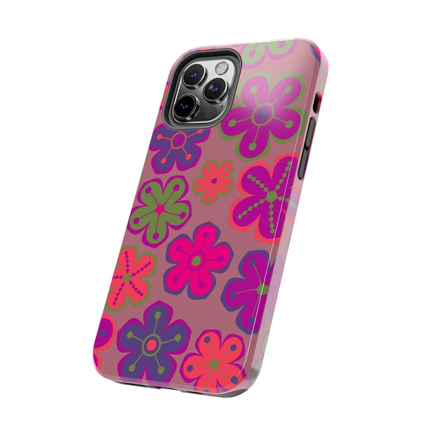 Retro Neon Groovy Flowers Tough Phone Case – 70s Psychedelic Floral Pattern LavenderCeleste