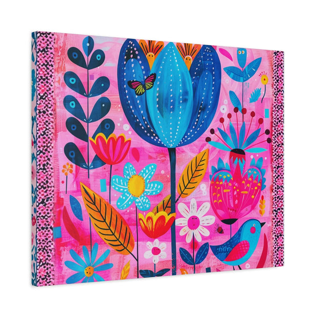 Whimsical Pink Blue Floral Matte Canvas Art - LavenderCeleste