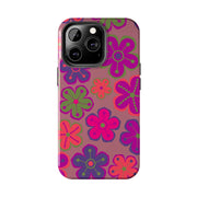 Retro Neon Groovy Flowers Tough Phone Case – 70s Psychedelic Floral Pattern LavenderCeleste
