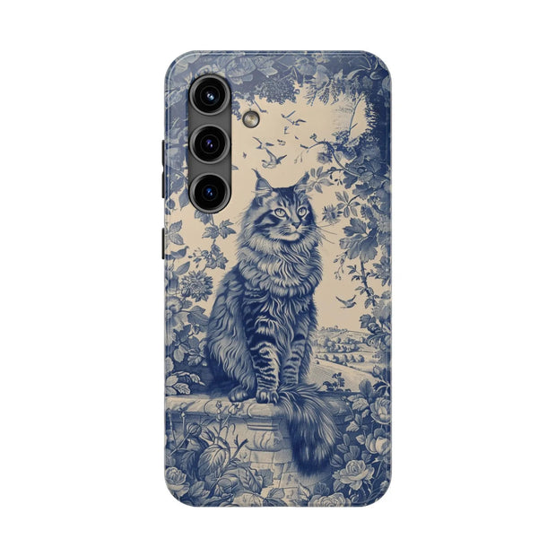Maine Coon Toile Tough Phone Case – Vintage Blue Floral Cat Pattern - LavenderCeleste