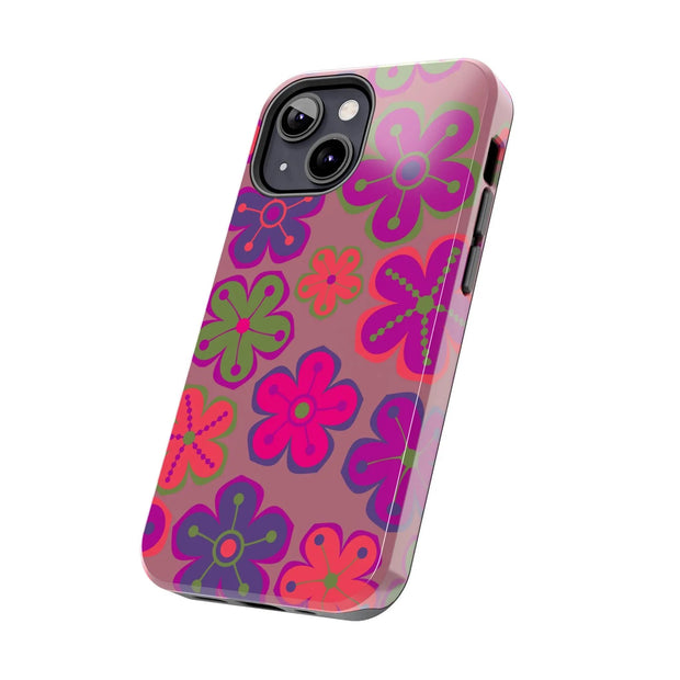 Retro Neon Groovy Flowers Tough Phone Case – 70s Psychedelic Floral Pattern LavenderCeleste