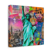 Vibrant New York Collage Matte Canvas – Statue of Liberty Pop Art LavenderCeleste