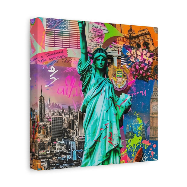 Vibrant New York Collage Matte Canvas – Statue of Liberty Pop Art LavenderCeleste
