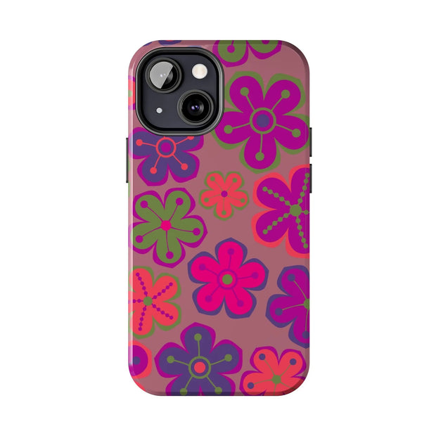 Retro Neon Groovy Flowers Tough Phone Case – 70s Psychedelic Floral Pattern LavenderCeleste