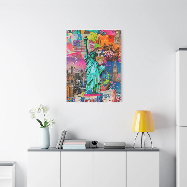Vibrant New York Collage Matte Canvas – Statue of Liberty Pop Art Printify