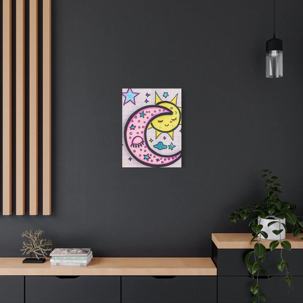 Kawaii Sun and Moon Doodle Matte Canvas Art Print LavenderCeleste