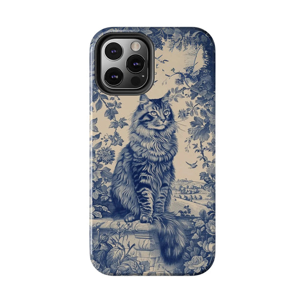 Maine Coon Toile Tough Phone Case – Vintage Blue Floral Cat Pattern - LavenderCeleste