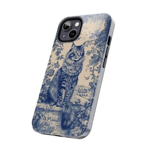 Maine Coon Toile Tough Phone Case – Vintage Blue Floral Cat Pattern - LavenderCeleste
