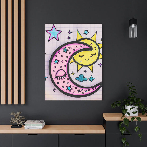 Kawaii Sun and Moon Doodle Matte Canvas Art Print LavenderCeleste