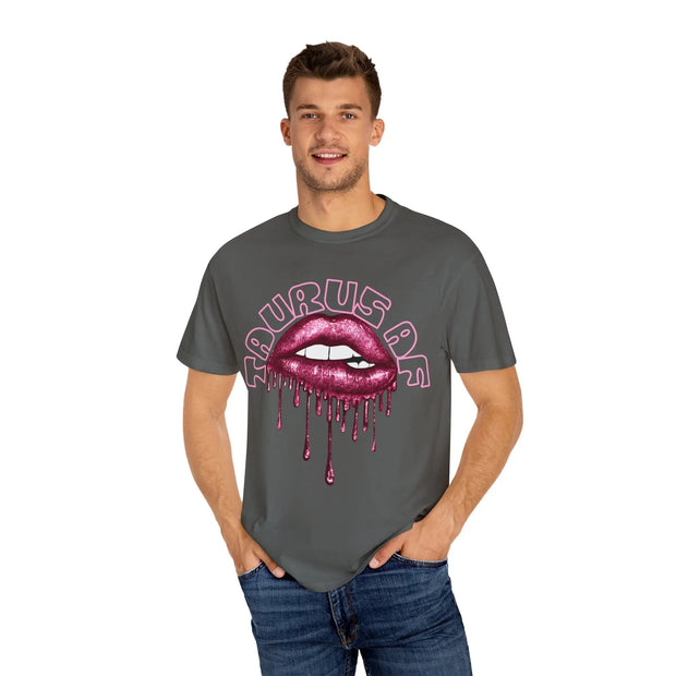 Taurus AF Glitter Lips Zodiac Comfort Colors Tee LavenderCeleste
