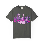 Gray oversized t-shirt with the word “Pisces” in a purple graffiti-style drip font and ink-splatter accents. The design gives off a bold, artsy zodiac vibe perfect for astrology lovers and those with a creative, dreamy edge.