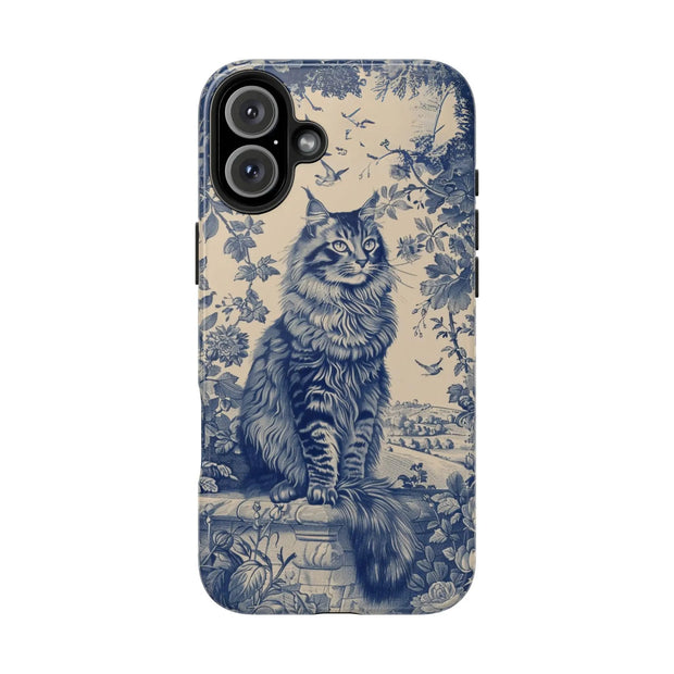 Maine Coon Toile Tough Phone Case – Vintage Blue Floral Cat Pattern - LavenderCeleste