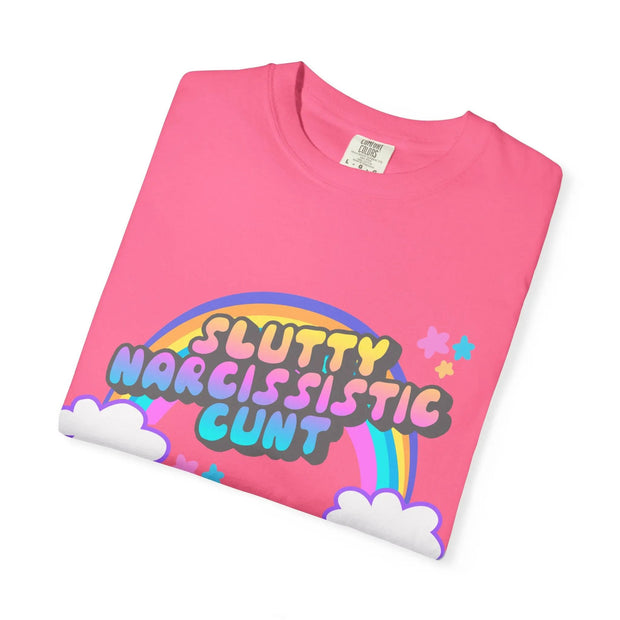 Slutty Narcissistic Cunt Rainbow Typography Comfort Colors Tee LavenderCeleste