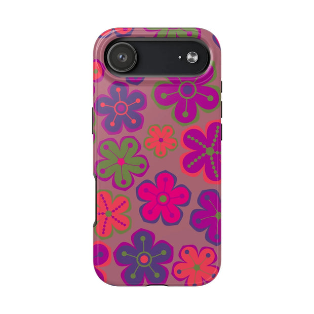 Retro Neon Groovy Flowers Tough Phone Case – 70s Psychedelic Floral Pattern LavenderCeleste