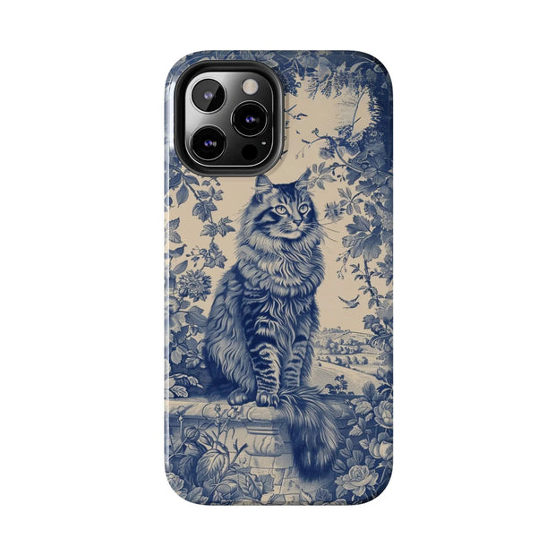Maine Coon Toile Tough Phone Case – Vintage Blue Floral Cat Pattern - LavenderCeleste