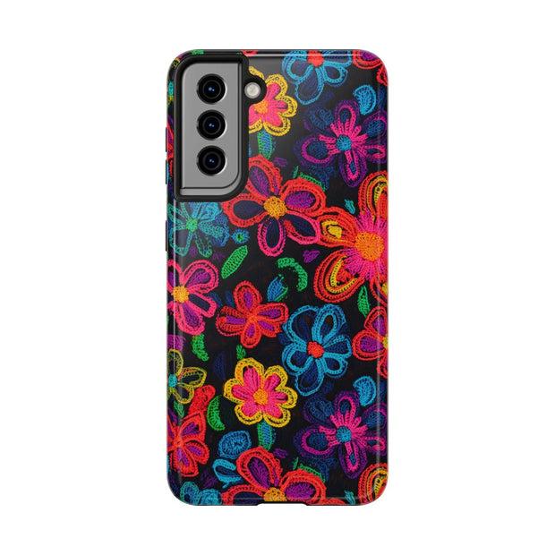 Neon Crochet Floral Tough Phone Case – Vibrant Retro Handmade Pattern Printify