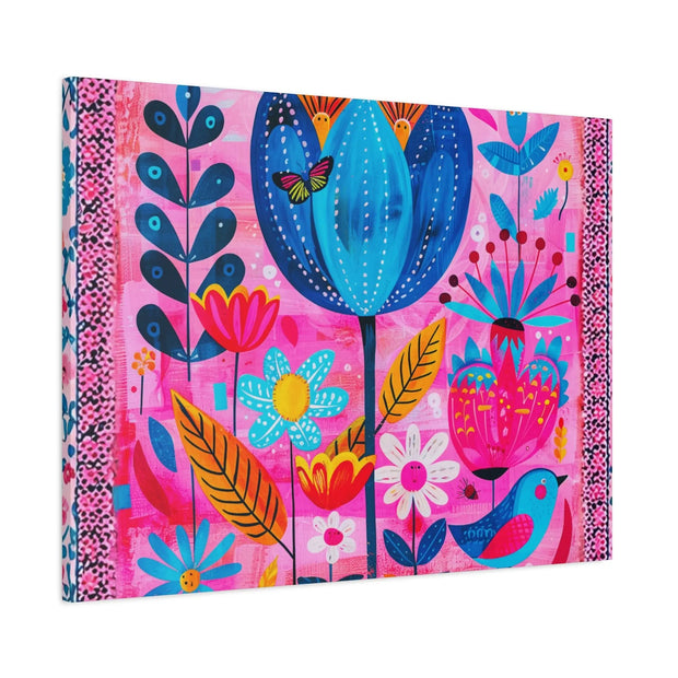 Whimsical Pink Blue Floral Matte Canvas Art - LavenderCeleste