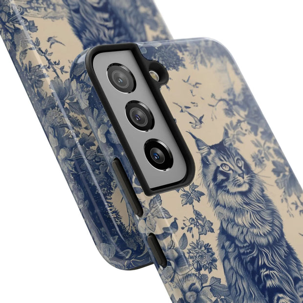 Maine Coon Toile Tough Phone Case – Vintage Blue Floral Cat Pattern - LavenderCeleste