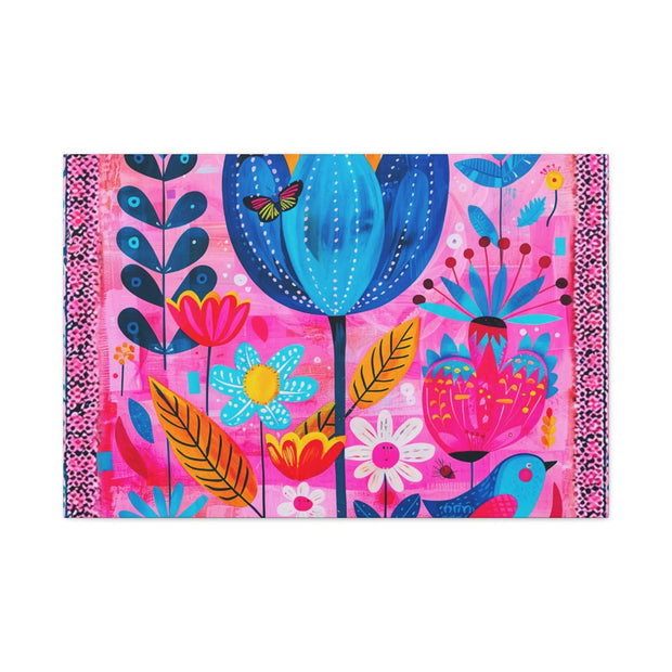 Whimsical Pink Blue Floral Matte Canvas Art - LavenderCeleste