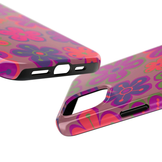 Retro Neon Groovy Flowers Tough Phone Case – 70s Psychedelic Floral Pattern LavenderCeleste