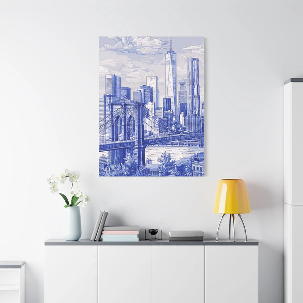 New York City Toile Art – Blue Scenic Skyline Matte Canvas LavenderCeleste