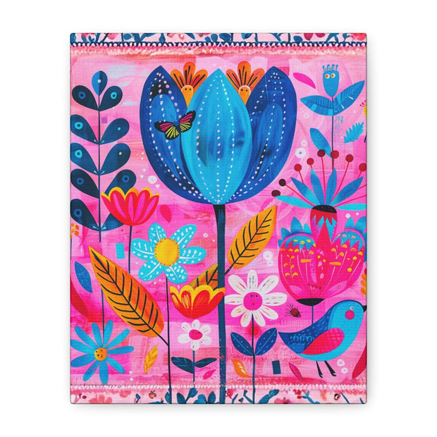 Whimsical Pink Blue Floral Matte Canvas Art - LavenderCeleste