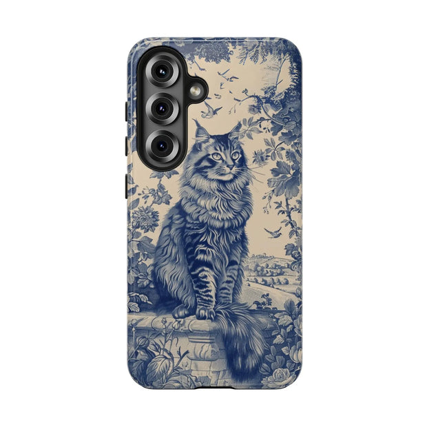Maine Coon Toile Tough Phone Case – Vintage Blue Floral Cat Pattern - LavenderCeleste