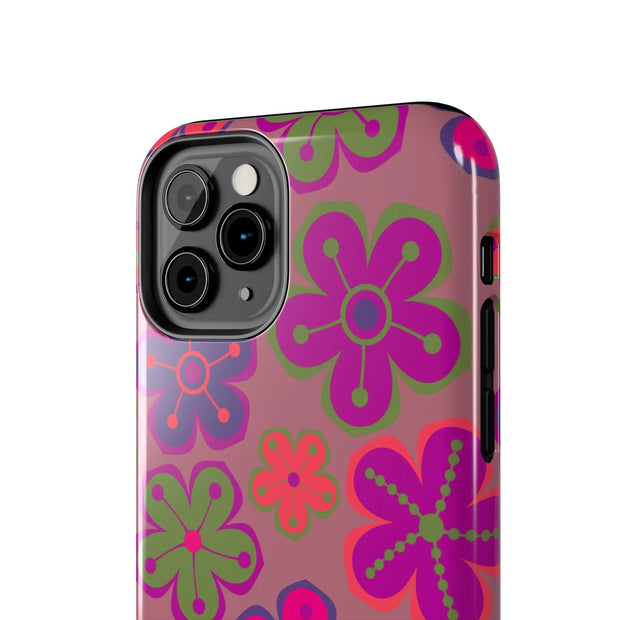 Retro Neon Groovy Flowers Tough Phone Case – 70s Psychedelic Floral Pattern LavenderCeleste