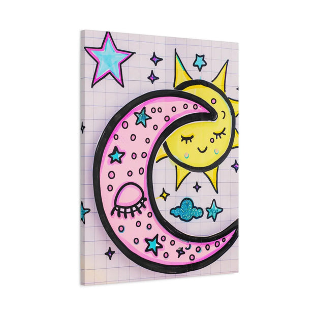 Kawaii Sun and Moon Doodle Matte Canvas Art Print LavenderCeleste