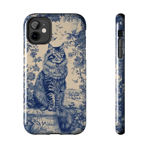 Maine Coon Toile Tough Phone Case – Vintage Blue Floral Cat Pattern - LavenderCeleste