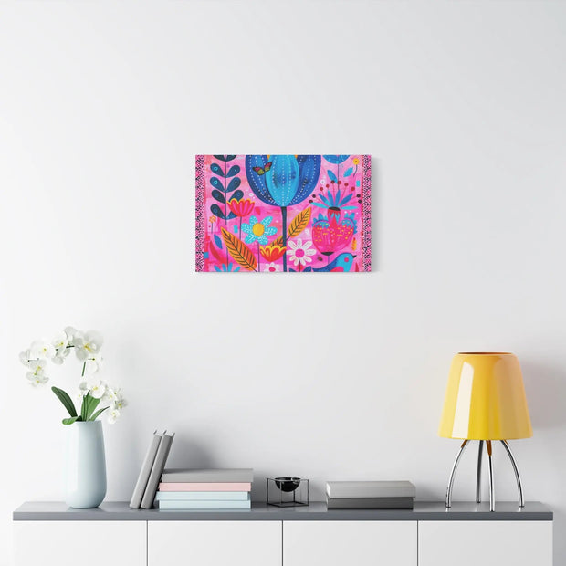 Whimsical Pink Blue Floral Matte Canvas Art - LavenderCeleste