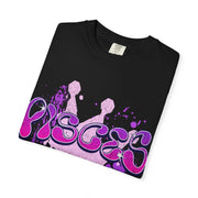 Black oversized t-shirt with the word “Pisces” in a purple graffiti-style drip font and ink-splatter accents. The design gives off a bold, artsy zodiac vibe perfect for astrology lovers and those with a creative, dreamy edge.