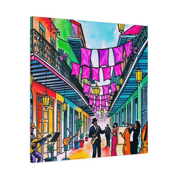 Vibrant New Orleans Jazz Street Matte Canvas – French Quarter Music Scene LavenderCeleste