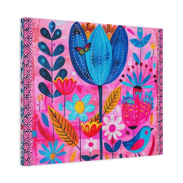 Whimsical Pink Blue Floral Matte Canvas Art - LavenderCeleste