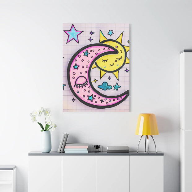 Kawaii Sun and Moon Doodle Matte Canvas Art Print LavenderCeleste