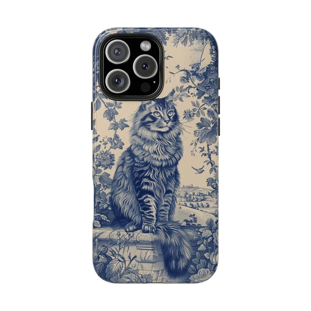 Maine Coon Toile Tough Phone Case – Vintage Blue Floral Cat Pattern - LavenderCeleste